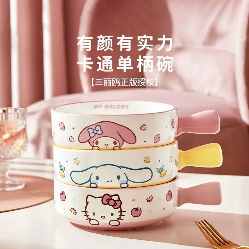 

Sweet Hello Kitty My Melody Anime Kawaii Sanrio Handle Bowl Cute Cinnamoroll Household Ceramic Baking Bowl Tableware Gifts Toys