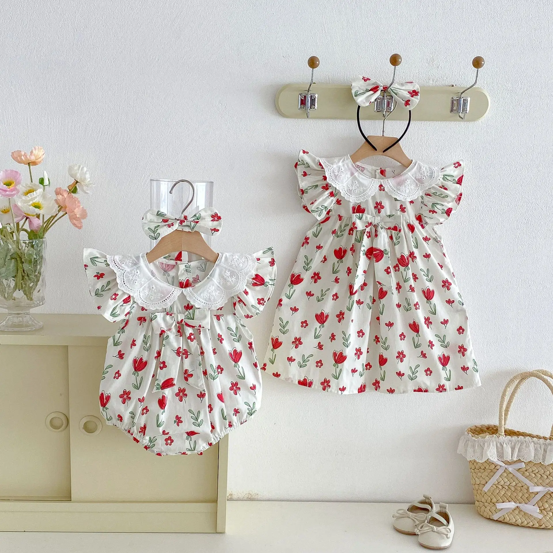 2026 Summer Matching Sibling Outfits Baby Bodysuit & Toddler Dress Floral Lace Ruffle Sleeve Matching Set with Headband