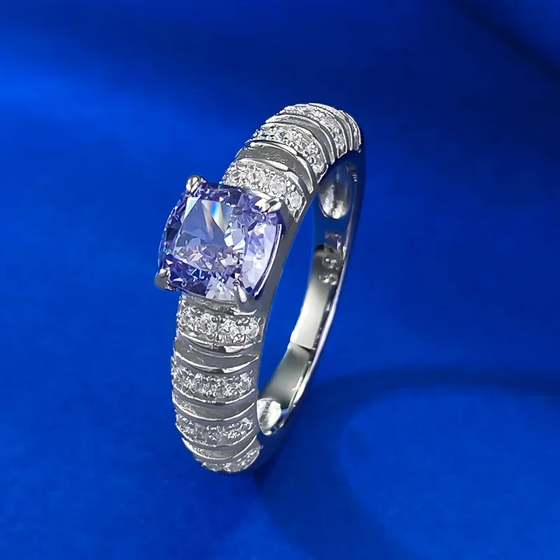 

New purple high carbon diamond ring s925 pure silver inlaid with 6 * 6 European and American style light luxury Jewelry