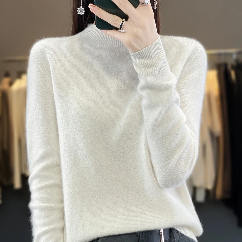 Spring Autumn Season Wool Sweater Women's 100% Wool Half High Collar Sweater Solid Color Fashion Loose Knitted Pullover shirt