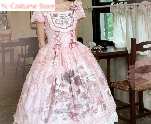 

Yu Lolita Dreamy Girl's House Sweet Lolita OP Dress Women Vintage Printed Doll Short Sleeve Princess Elegant Party Dresses