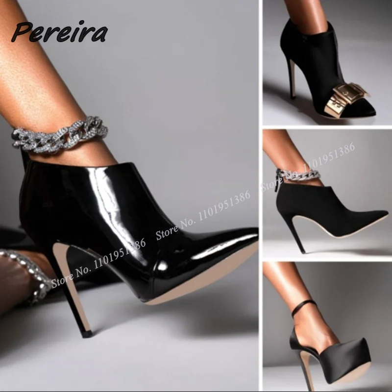 

Pereira Black Patent Leather Chain Decor Boots Ankle Boots Pointed Toe Stiletto Shoes for Women High Heels New Zapatillas Mujer