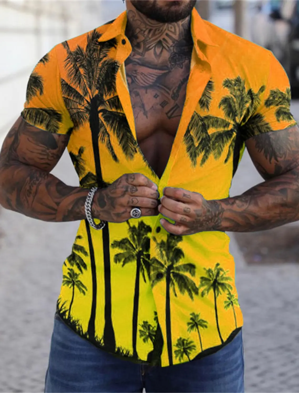 Camisas hawaianas con estampado 3D de Aloha Tree Turndown Sea para hombre, ropa con botones de manga corta para diario y calle, palmeras de playa