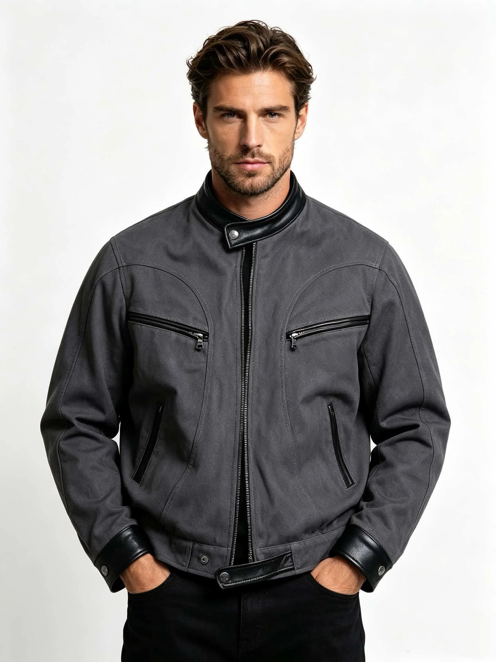 Vintage Grey Waxed Cotton Biker Jacket For Men Leather Trim Moto Style For Rainy Commute Motorcycle Rides And Retro Street Wear