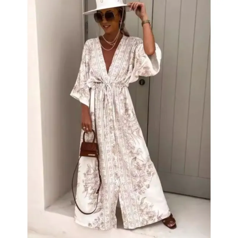 Women Boho Deep V Neck Waist Drawstring Long Dresses Spring Printed Vintage Maxi Dress Summer Short Sleeves Loose Beach Vestidos