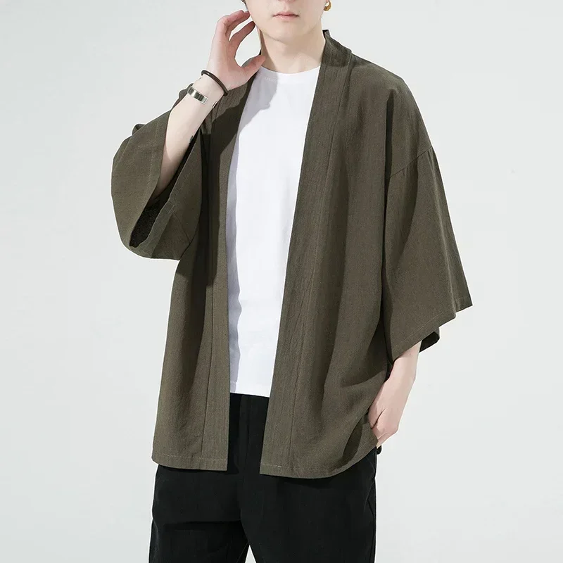 Solid Linen Kimono Japanese Kimonos for Men Vintage Clothes Cardigan Man Men\'s Japan Clothing Shirt 5XL 2023 Summer