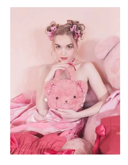 Kawaii Japanese autumn and winter new 10th anniversary cute bear plush portable change bag cosmetic bag pink bag pendant woman