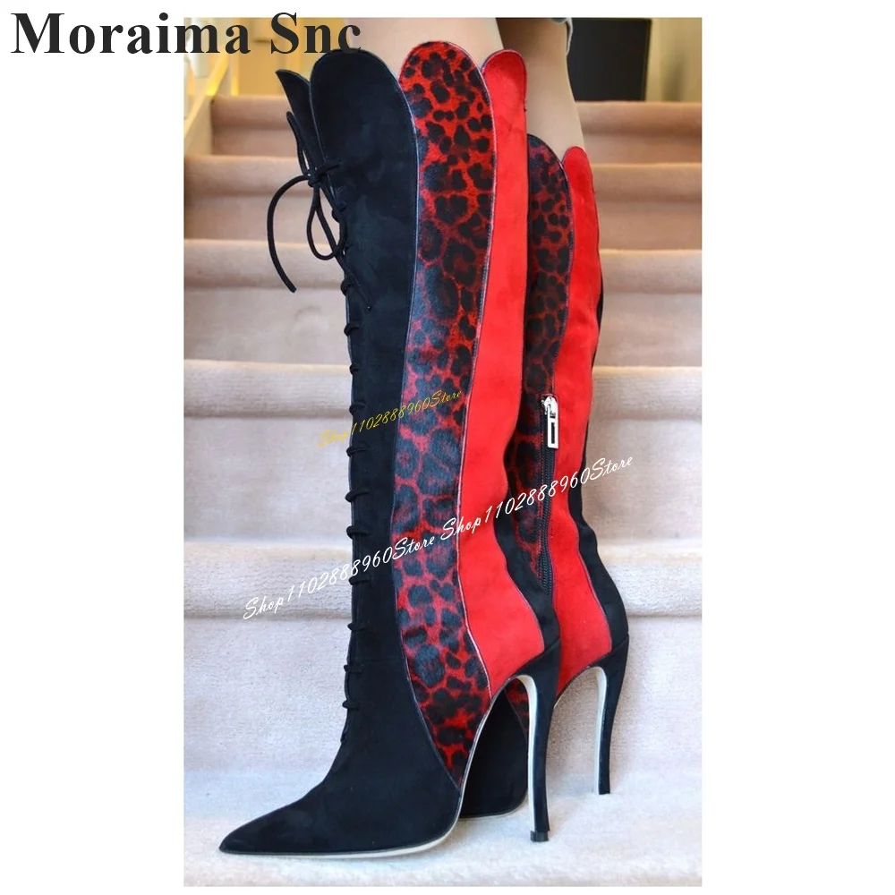

Knee High Black And Red Leopard Patchwork Boots Thin High Heel Women Shoes Side Zipper Pointed Toe 2024 Sexy Zapatos Para Mujere
