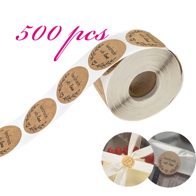 500 шт круглые натуральные крафт-наклейки ручной работы с любовью для скрапбукинга для упаковки клейкие наклейки печать этикетки канцелярские принадлежности