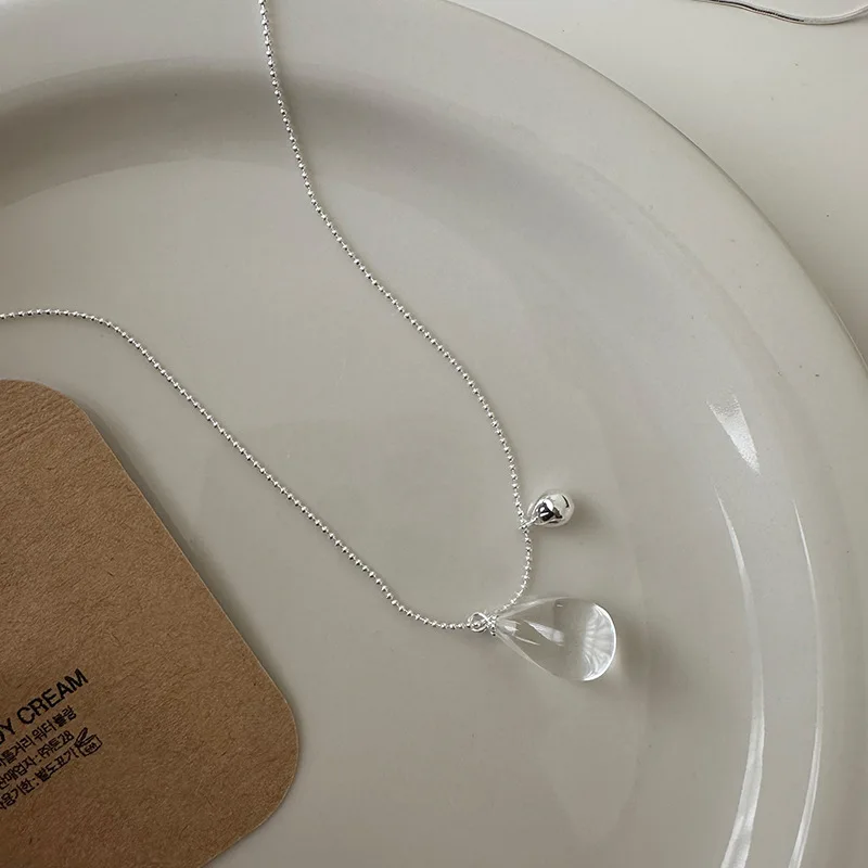 

S925 Silver Water Drop White Crystal Round Bead Necklace Simple Niche Design, Fashionable and Cold Long Sweater Chain