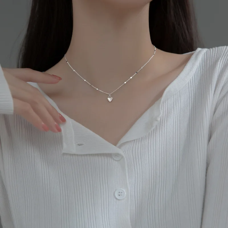 925 Sterling Silver Heart Necklace Sequin Sparkling Clavicle Chain Women's Love Pendant Necklace Temperament Neckchain Wholesale