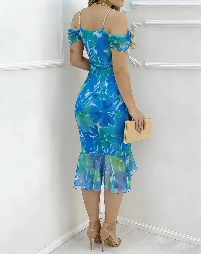 

Trendy watercolor printed mesh pleated dress with elastic pearl strap and round neck slit slim fit dress for women
