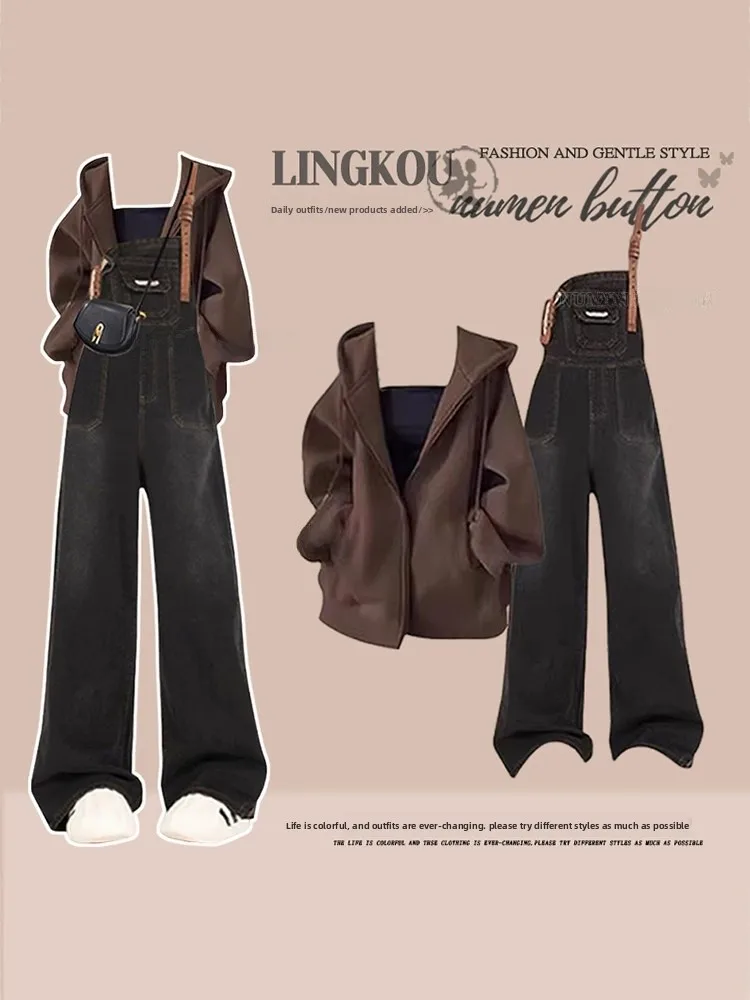 

Faionable Large Size Spring Autumn Set Women's Mermaid Anti-Aging Sweatirt Jaet Inner Strap Denim Overalls Tee-piece Set