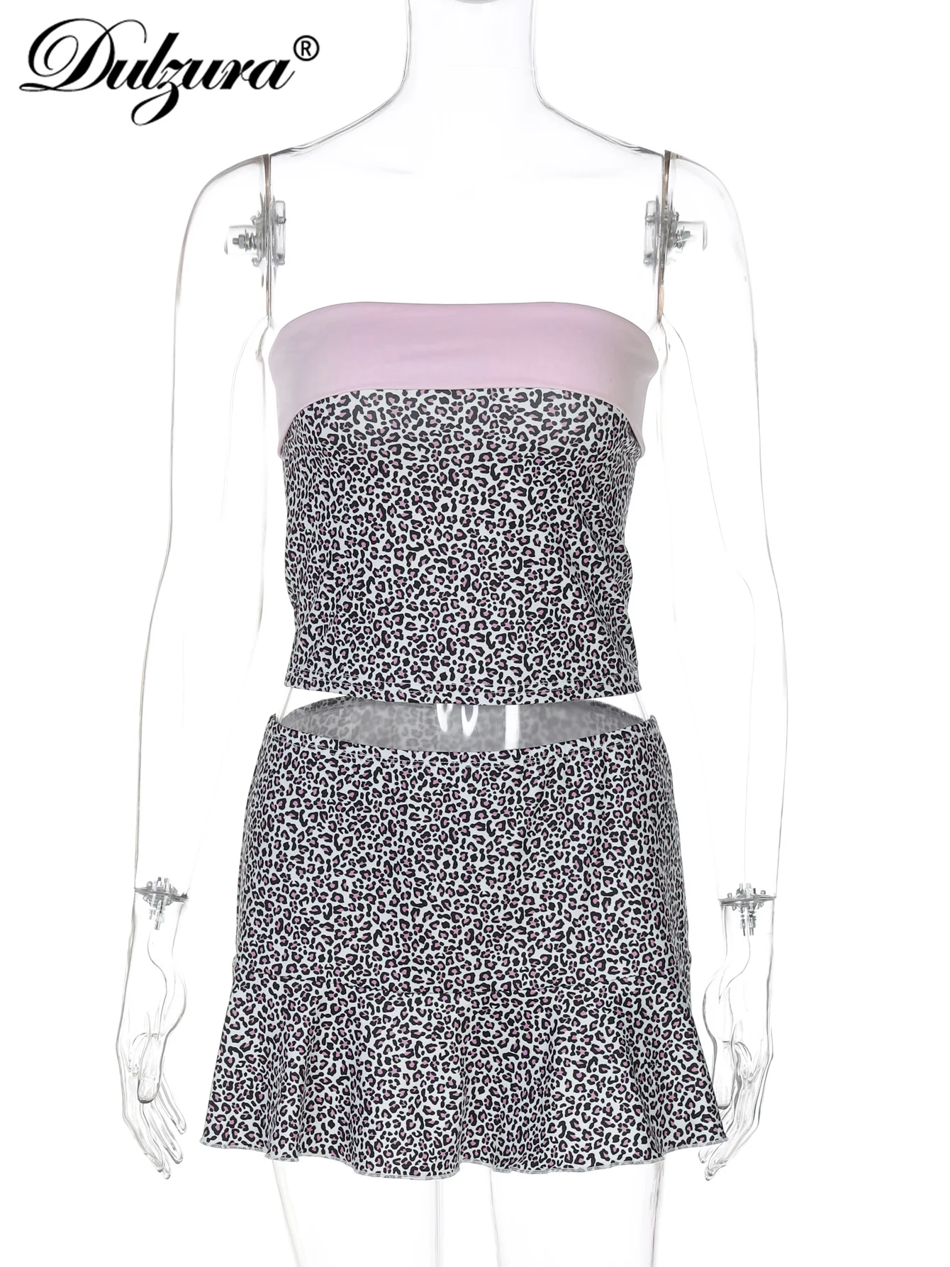 Dulzura Leopard Sexy Casual 2 Piece Skirt Set Chest Wrapping Patchwork Tank Top Short Skirt Matching Set Party Club Streetwear