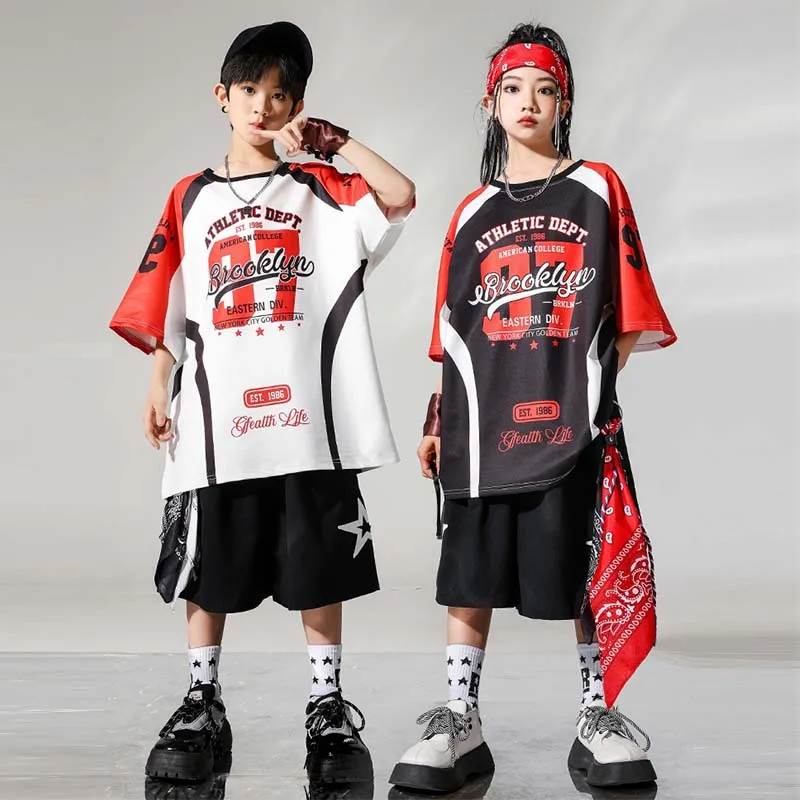 

Kids Jazz Dance Costume Boys Girls Hip Hop Clothes Street Dance Wear Kpop Stage Wear Losse Shorts Tops Sportwear Summer VDL985