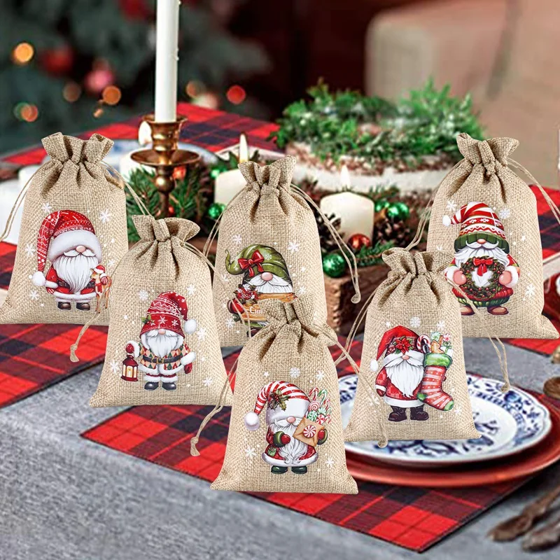 6 Stück Weihnachts-Leinen-Beutel mit Kordelzug, Sackleinen-Geschenktüten, Süßigkeiten, Kekse, Beutel für Heimdekoration, 20225, Weihnachten, Navidad, Noel-Geschenkverpackung – Detail 5