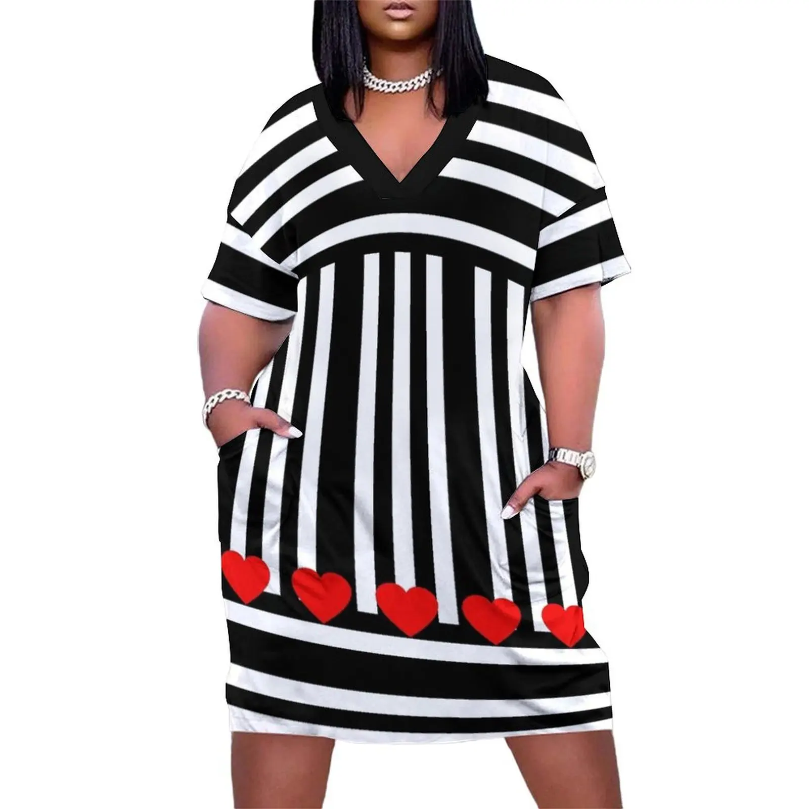 

Black and White Stripes with Red Hearts Loose Pocket Dress Evening dresses womens dress