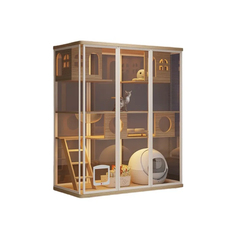 Panoramic Cat Villa Solid Wood Cat Nest Home Indoor Cat House Luxury Glass House Space 3rd Floor