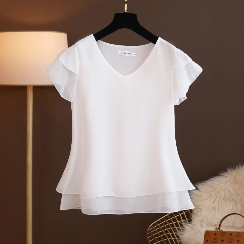 2024 Summer New Plus Size Women Chiffon Blouses Loose V-Neck Short Sleeve Fashion Cozy Tops Casual Shirts Blusas Mujer De Moda