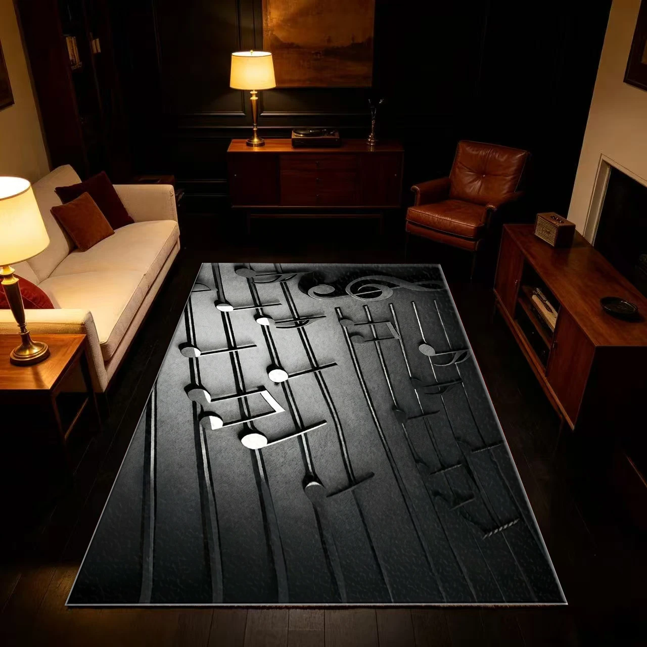 Black and White 3D Musical Note Treble Clef Carpet, Non-Slip Music-Themed Carpet Suitable for Bedroom, Studio, Living Room Home Decoration
