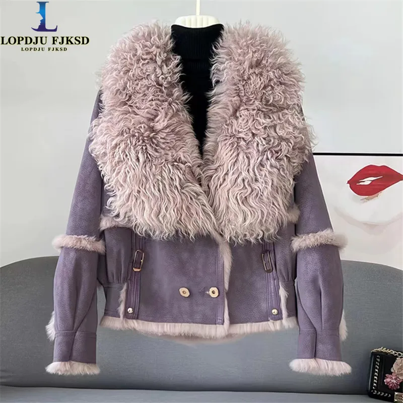 Leather Jacket for Women, Wool Collar, Rabbit Fur Coat,Loose Short Overcoat, Warm Female Clothing, Winter, High Quality, New