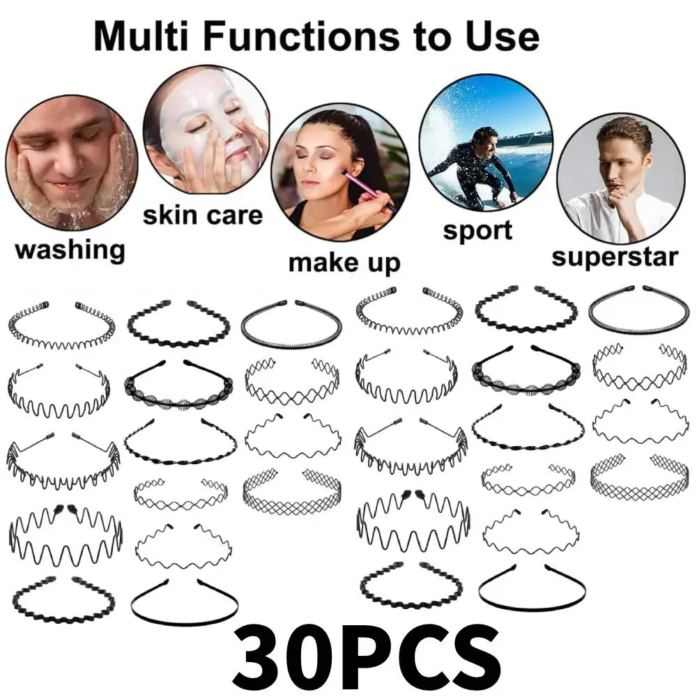 

[30PCS] Metal Headband, for Men and Women, Unisex Hair Band Adjustable Headbands, Wavy Hair Accessories Non-slip Hair Hoop,