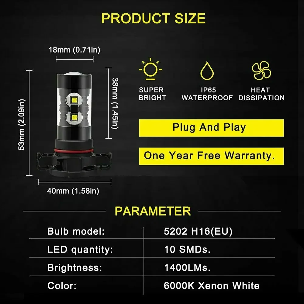 2X H16 5202 PSX24W fendinebbia 6000K bianco ad alta potenza LED lampadina di guida DRL LED faro per auto 50W abbagliante anabbagliante