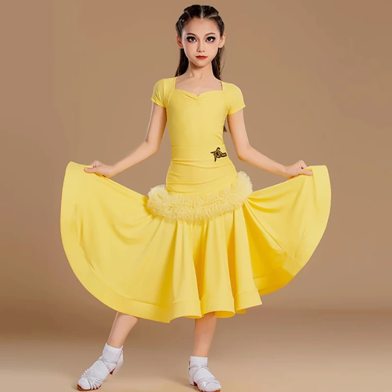 

Kids Girls Short Sleeve Elegant Outfits Modern Dance Three Piece Set Bodysuit and Cake Fishbone Skirts Latin Competition Costume