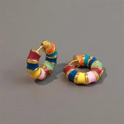 French Romantic Retro Enamel Round Gold Color Ear Buckle 2024 New Hoop Earrings for Womens Fashion Luxury Jewelry