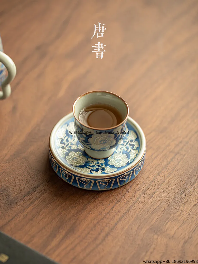 Yuan Blue and White Cover Ceramic Non-slip Coaster Household Ceremony Accessories Kung Fuset Pot Cover Bottom Seat Retro Cover