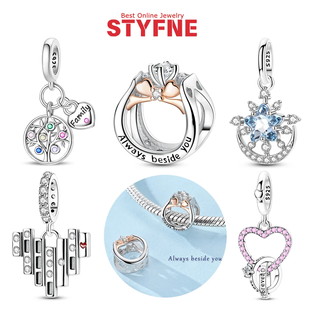 

Charms 925 Silver Pink Zircon Heart-shaped Beads Ring Ring Beaded Stars Moon Pendant Fit Women Fashion Jewelry Diy Bracelet Gift