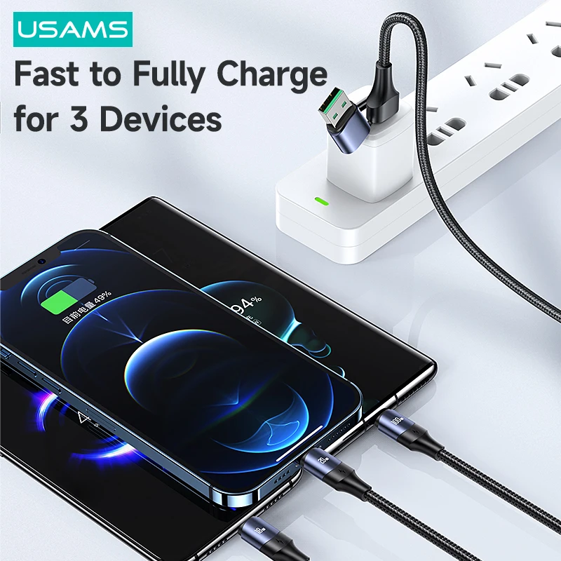 USAMS 100W 6A 3 in 2 Cable USB A To Type C Cable PD Fast Charge USB-C Mirco Cable For iPhone 14 13 12 11 Pro Max Huawei Xiaomi