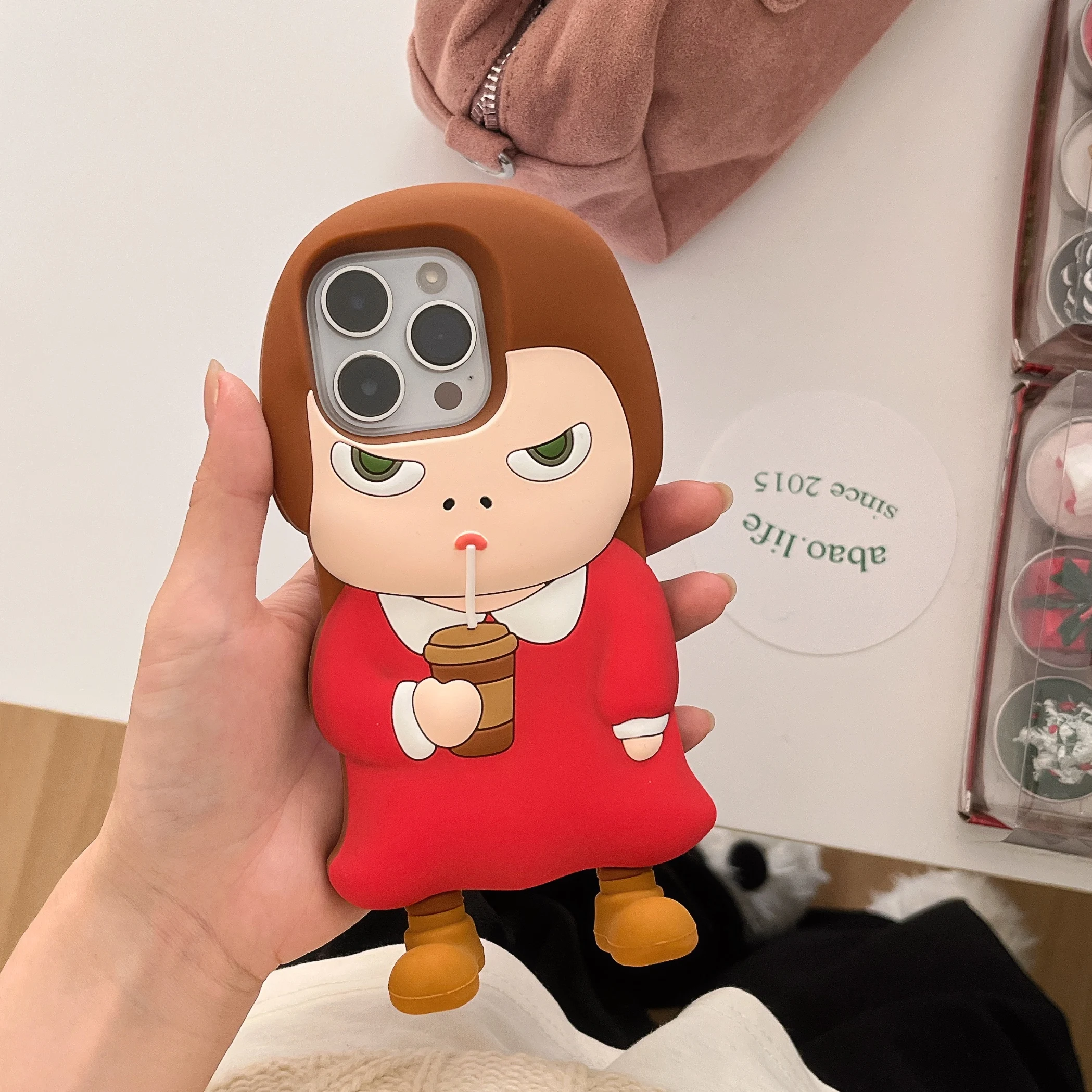 3D Cartoon Cute Standing Girl Drinking Boba Milk Tea Phone Case for iphone 16 Promax  15 14 13 12  Protective Cover Gift