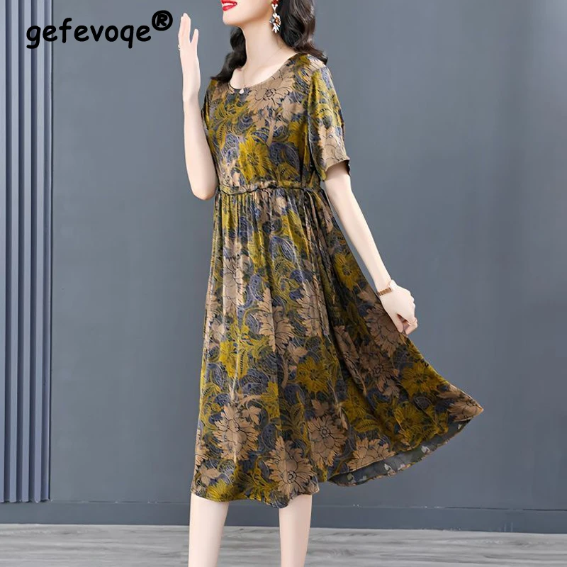 

Vintage Floral Print Lace Up Elegant Party Ladies Dresses Summer Women Fashion Short Sleeve Loose High Waist Midi Dress Vestidos