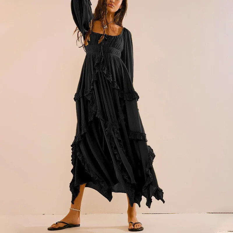 

Ladies' Dress Elegant Pleated Layered Edge O-neck Long Lantern Sleeves Pleated Solid Color High Waist Asymmetrical Summer Dress
