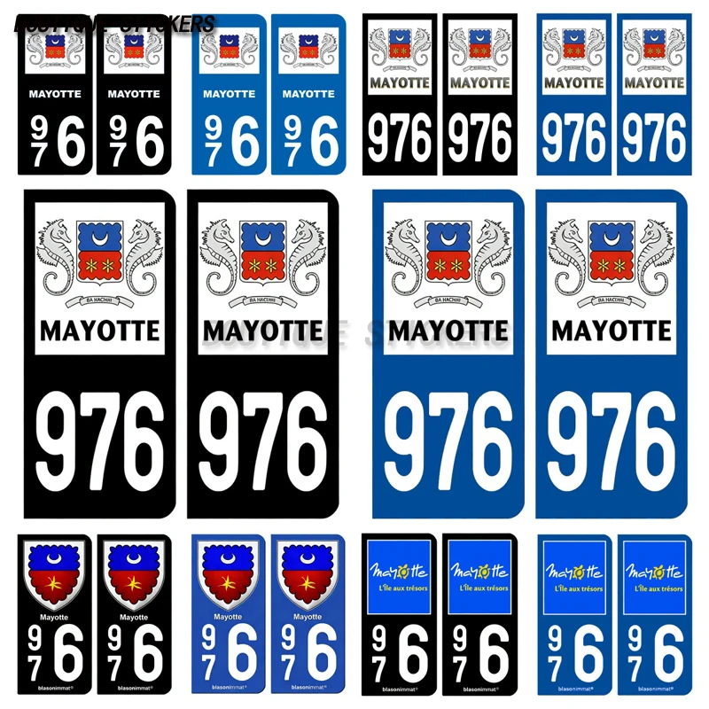 

2Pcs Autocollant plaque d'immatriculation française noir bleu 976 Mayotte-Île aux Trésors-Armoiries-H LogoType Car PVC stickers