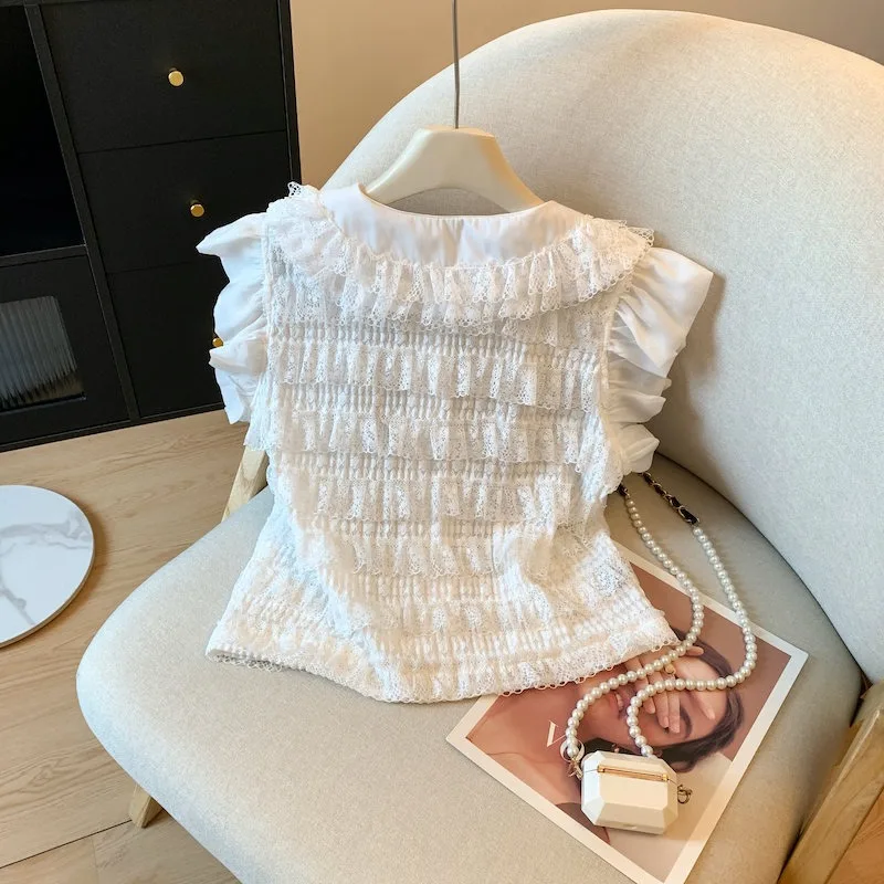 أنيقة الحلو الدانتيل المرقعة القوس قميص المرأة اليابان الكورية نمط Blusas Mujer الصيف موضة المرأة البلوزات قميص فام