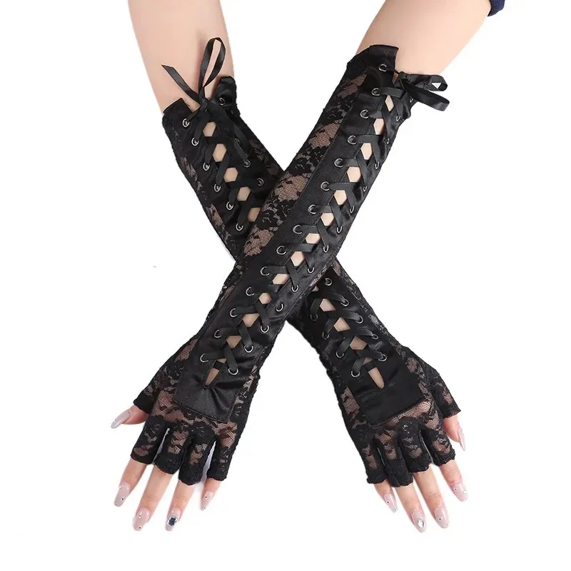 Damen sexy Ellenbogen Länge Punk finger lose Schnürung Arm wärmer Spitze Handschuhe, schwarz, weiß, Halloween Punk Cosplay eine Größe