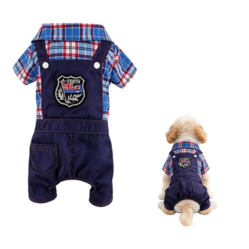 Plaid Short Sleeve Pet Jumpsuit Shirt Dog Cat Clothes Spring Summer Breathable Overalls  Small Medium Dog Costume Outfit
