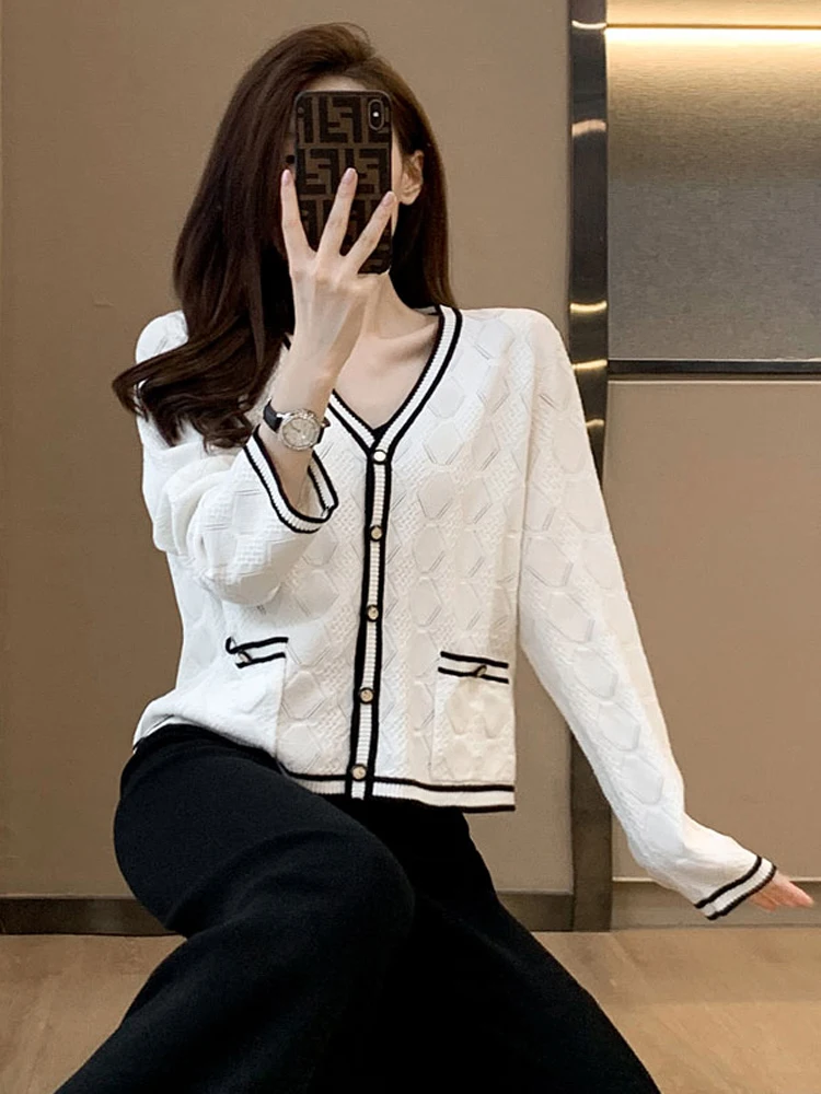 

Autumn Winter Single-Breasted Cardigan Sweater For Womens Fashion Hollow Knitted V-Neck Long Sleeve Casual Tops Female