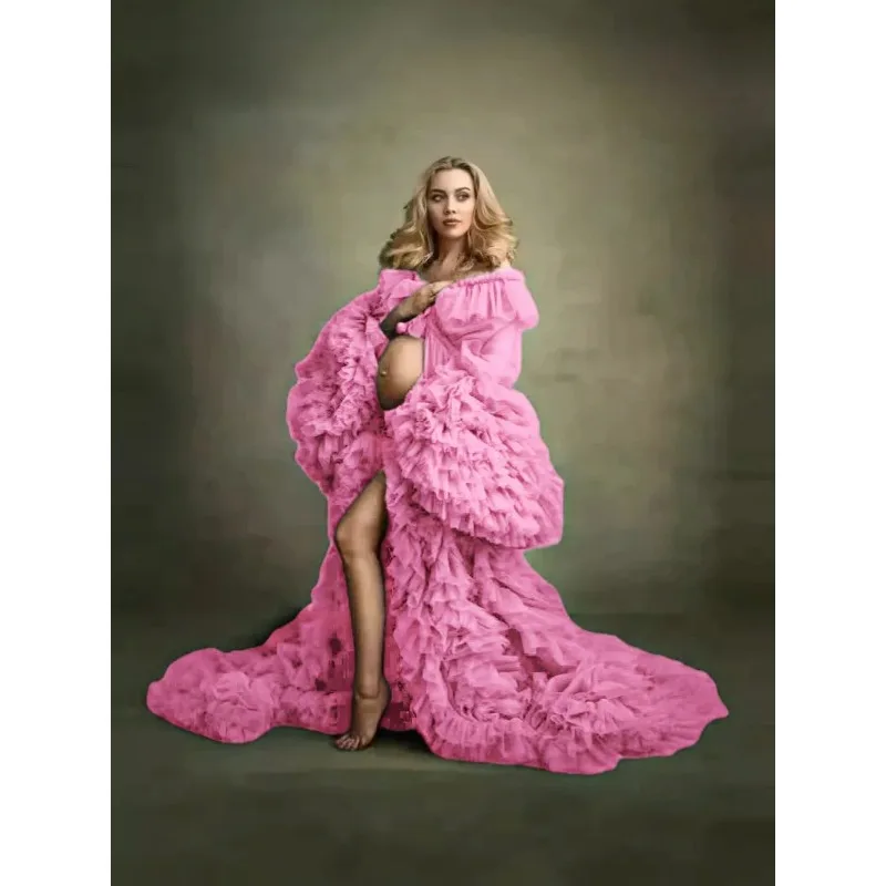 맞춤형 임부복 사진 촬영 드레스, 자수 튤 가운, 트레인 포토그래피 로브 (임산부용)