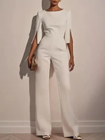 Women's Jumpsuit Casual Solid Color 3/4 Length Sleeve Straight Round Neck Beaded High Waist Daily Going out Regular Fit Black Wh - Image 2