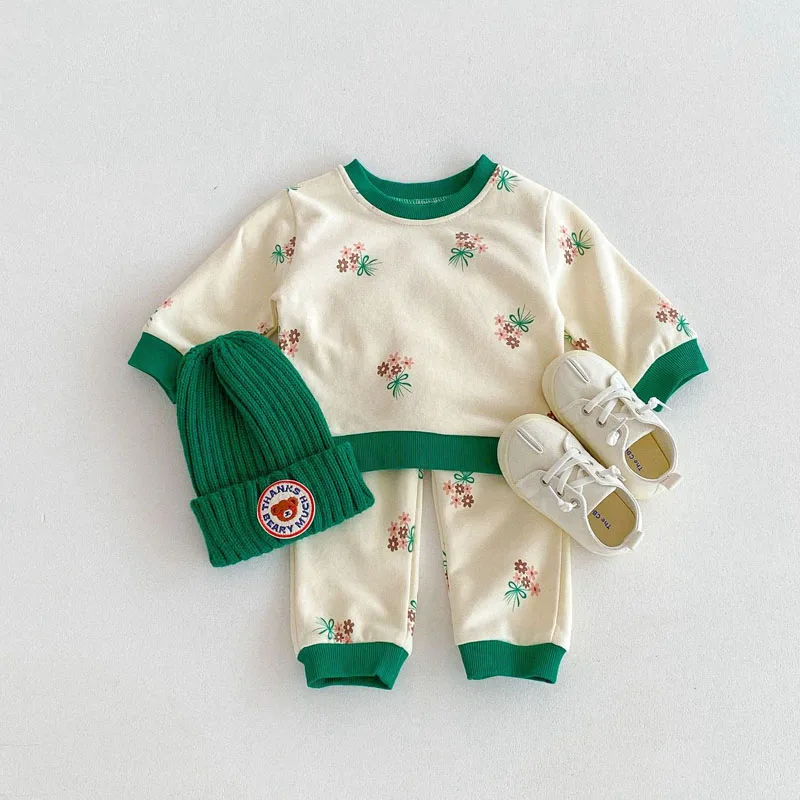 

Autumn Kids Clothes Baby Sweatshirt Sets Toddler Floral Print Long Sleeve Tops+Pants 2Pcs Cotton Boys Girls Hoodie Two Piece Set