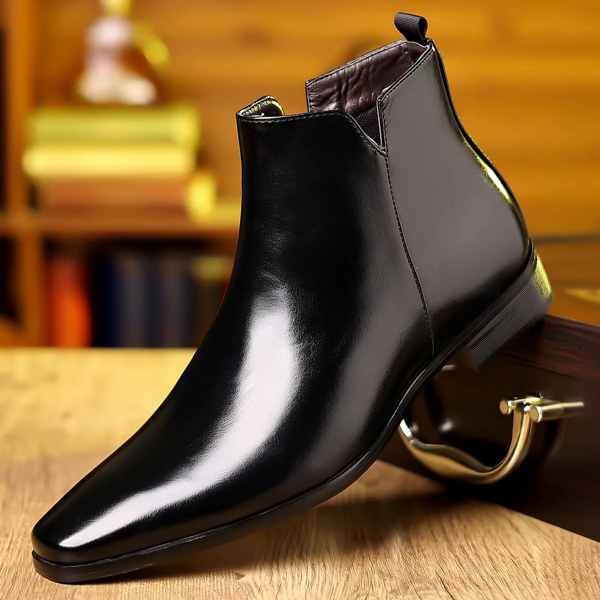 Large Size High Top Chelsea Boots Men's Pointed Toe British Style Boots Spring Season Low Heel Zipper Closure PU Material
