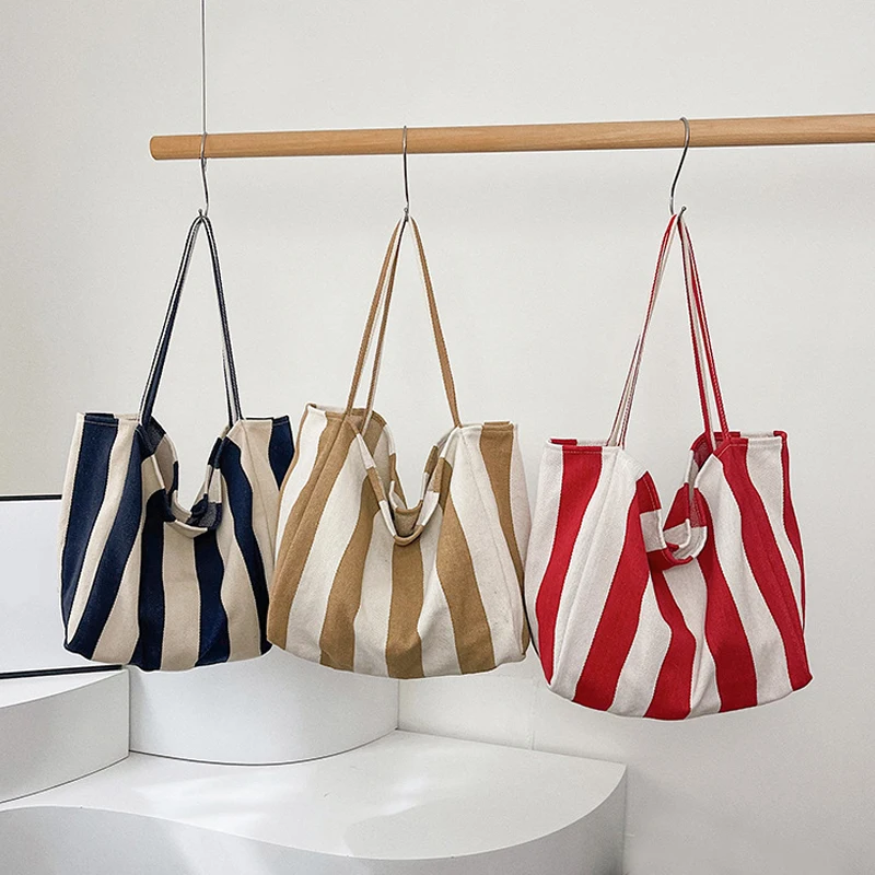 Sommerliche gestreifte Canvas-Tragetasche für Damen, lässig, große Kapazität, einfache Umhängetaschen, Einkaufshandtasche, tägliche Tragetasche – Detail 17
