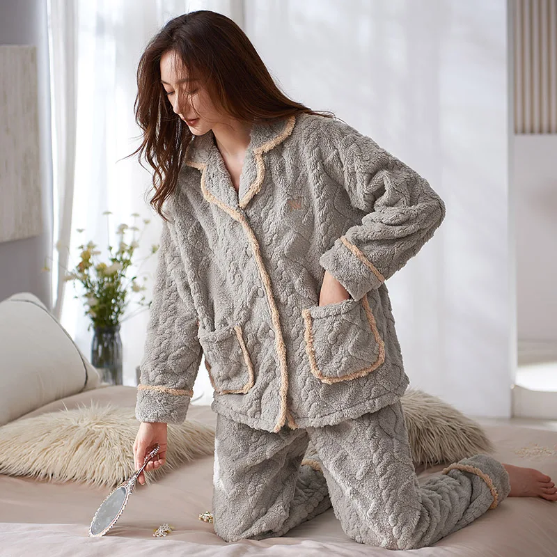 Thick Coral Fleece Women Pajamas Set Autumn Winter Keep Warm Flannel Sleepwear Homewear For Female Peignoir Women Home Clothes