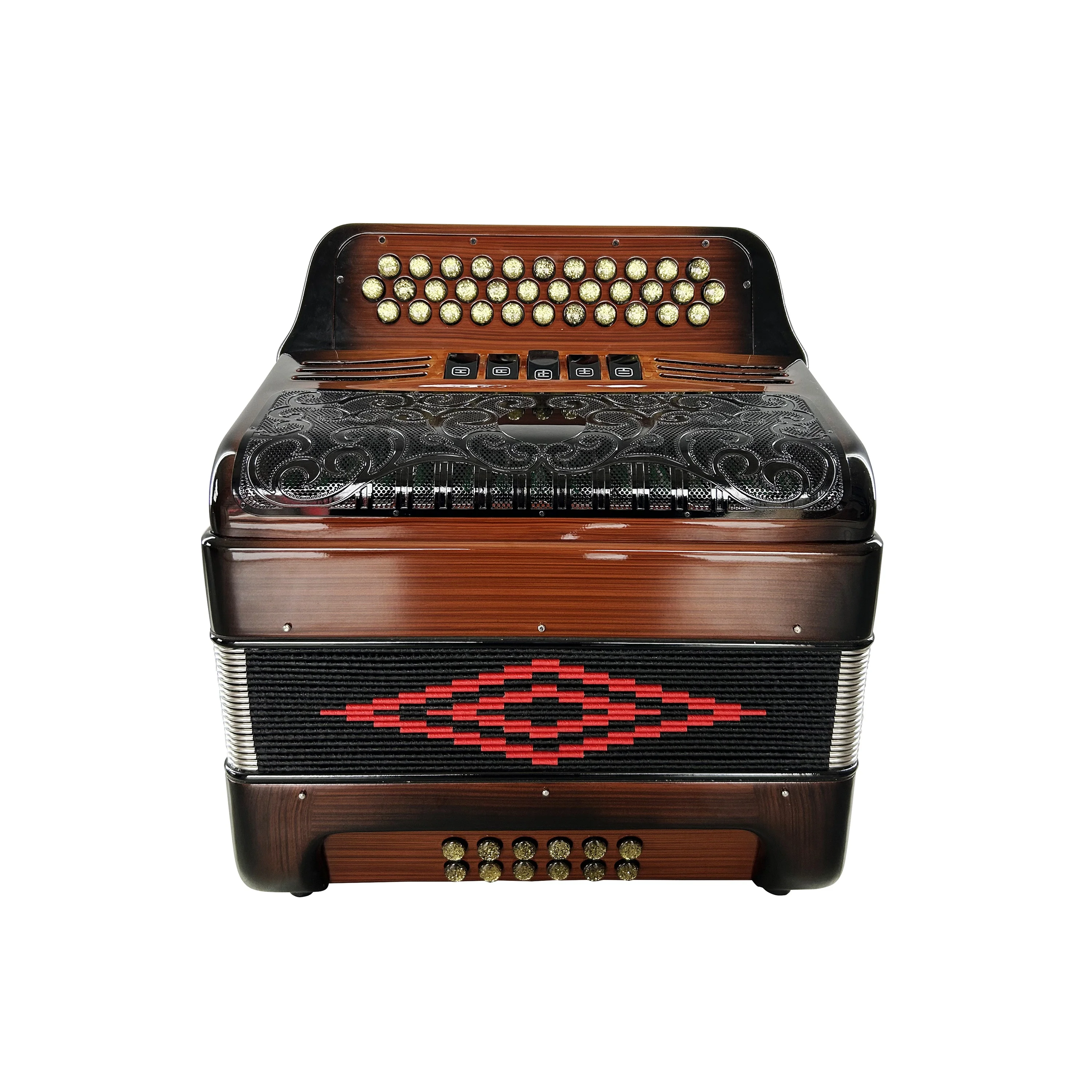 Professional 34-Button 12-Bass 5-Register Accordion Instrument JB3412D Wood Flame Body Black Grill Gold Buttons