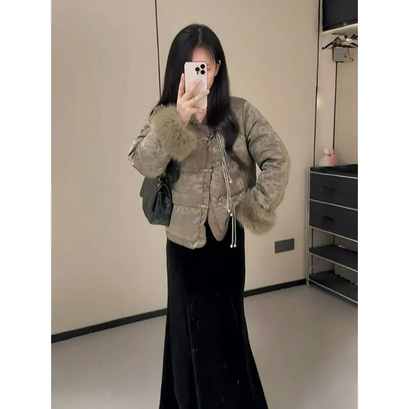 

Новый модный миниатюрный костюм в китайском стиле, платье для женщин, зимний ретро элитный стиль, куртка с хлопковой подкладкой, комплекты с юбкой «рыбий хвост»