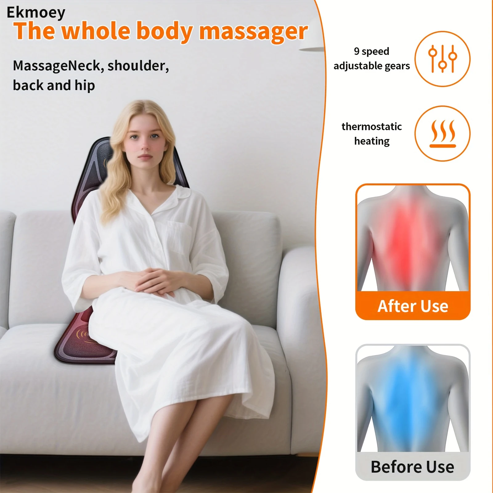 Ekmoey  Massage Seat Cushion For Couch, Chair, Massager Mat With Heat, Lumbar Traction & Relax, 9 Vibration Motors & Triple Back Heating Pad, Full Body Massager For Back Waist Hip Leg, Massager Gift For Mom/Dad/Women/Men, Christmas Gift