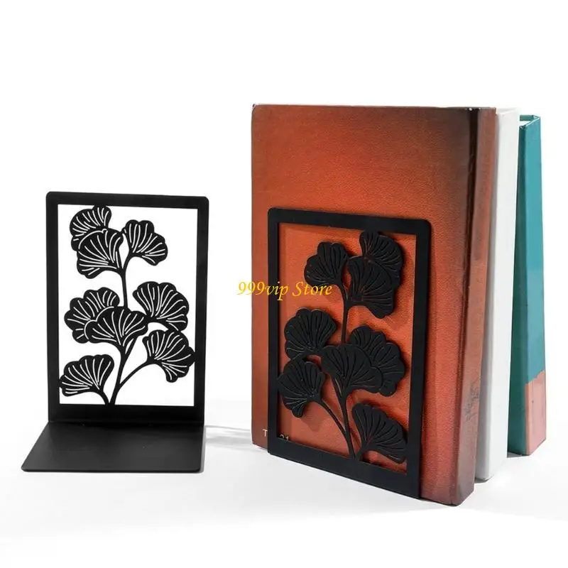 C90C Metal Bookends for Shelves Hollowed Ginkgo Bookends Metal Book Stoppers